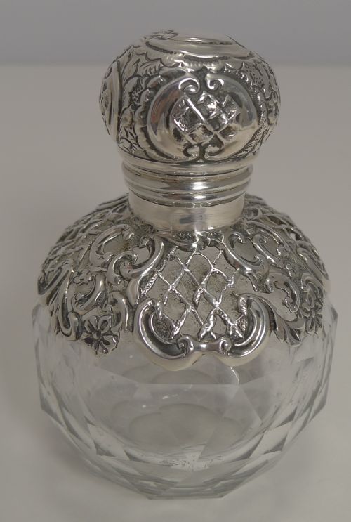 fig 1. Unusual Antique English Cut Crystal and Sterling Silver Perfume Bottle - 1887