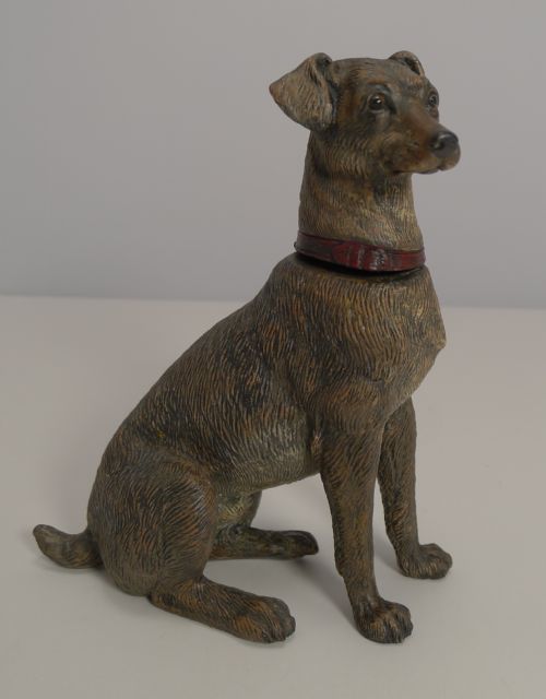 Adorable Antique Figural Dog Inkwell in Terracotta with Glass Eyes C.1890
