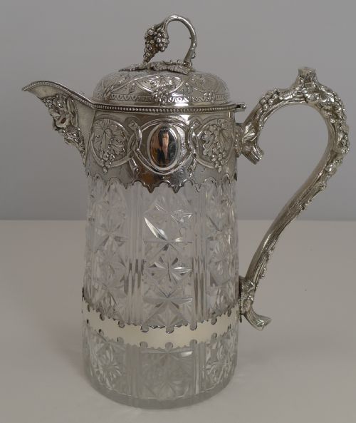 Outstanding Antique English Cut Crystal and Silver Plate Wine Jug C.1880