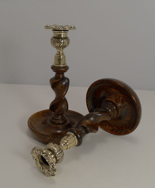 Handsome Pair Solid Oak Barley Twist Candlesticks - Brass Thistle Tops