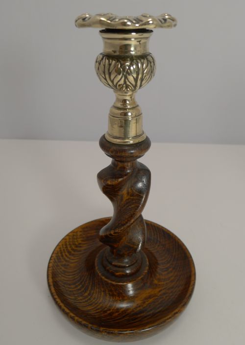 fig 1. Handsome Pair Solid Oak Barley Twist Candlesticks - Brass Thistle Tops
