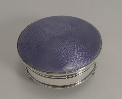 English Sterling Silver & Amethst Guilloche Enamel Jewellery Box -1927