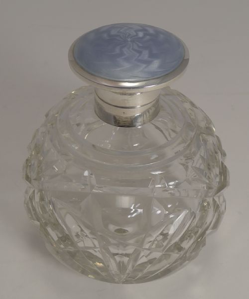 Large Globe Perfume Bottle - English Sterling Silver and Guilloche Enamel Lid - 1918