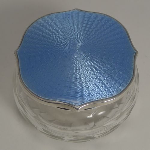 English Cut Crystal Powder Box - Sterling Silver and Blue Guilloche Enamel Lid - 1929
