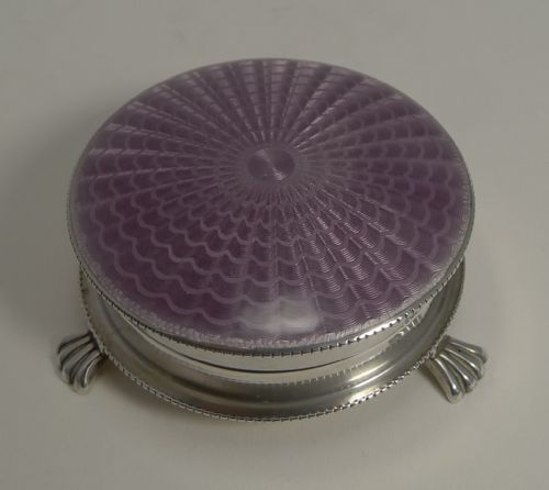 English Sterling Silver Jewelry / Trinket Box - Amethyst Guilloche Enamel