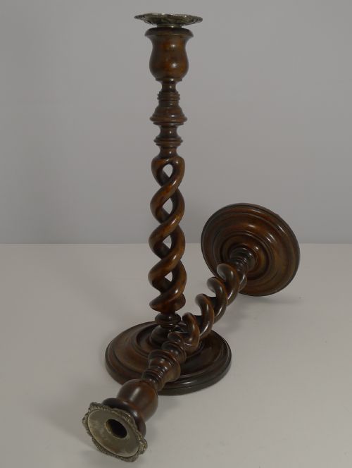 Fabulous Antique English Open Barley Twist Candlesticks in Mahogany C.1890