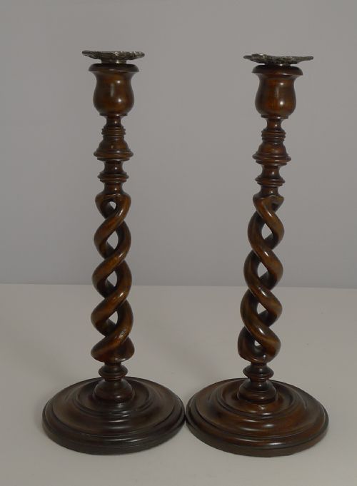 fig 1. Fabulous Antique English Open Barley Twist Candlesticks in Mahogany c.1890