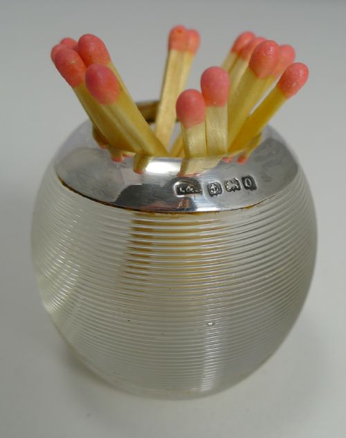 Small Antique English Threaded Glass & Sterling Silver Match Strike