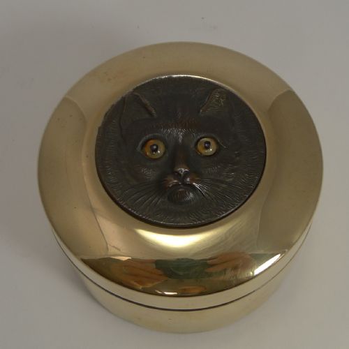 Antique Brass Box - Cat with Glass Eyes C.1890