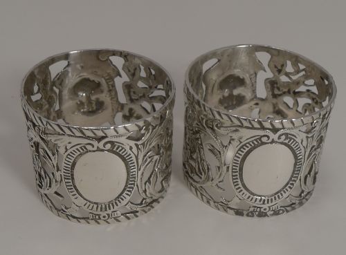 fig 1. Magnificent Figural Pair Victorian Sterling Silver Napkin Rings by William Comyns