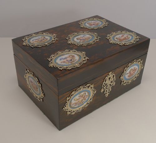 Grandest Antique English Coromandel Jewellery Box - Hand Painted Cherub Porcelain Plaques C.1850
