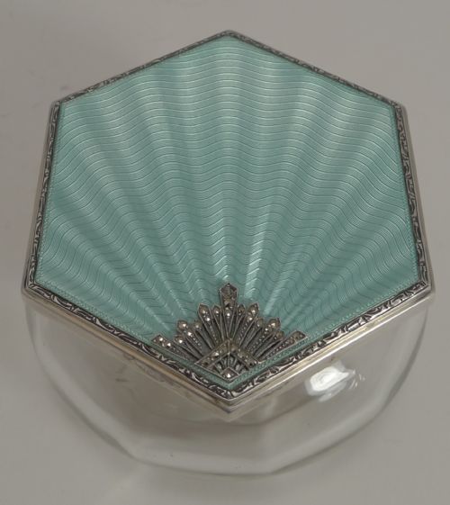 Fabulous Art Deco Vanity Box - Guilloche Enamel and Marcasite - 1929