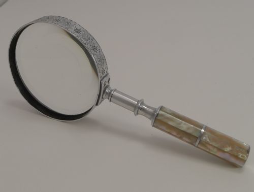 Antique English Aluminium and Mother of Pearl Magnifying Glass C.1900