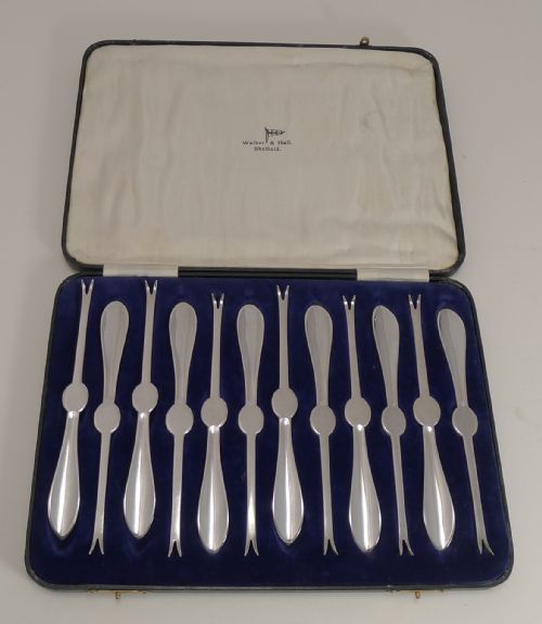 Set 12 Cased Lobster Picks by Walker and Hall - 1934