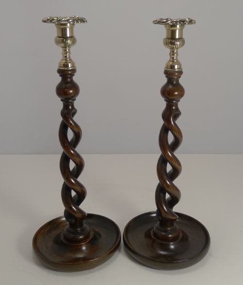 Towering Pair 14" Solid Oak Open Barley Twist Candlesticks - Brass Tops