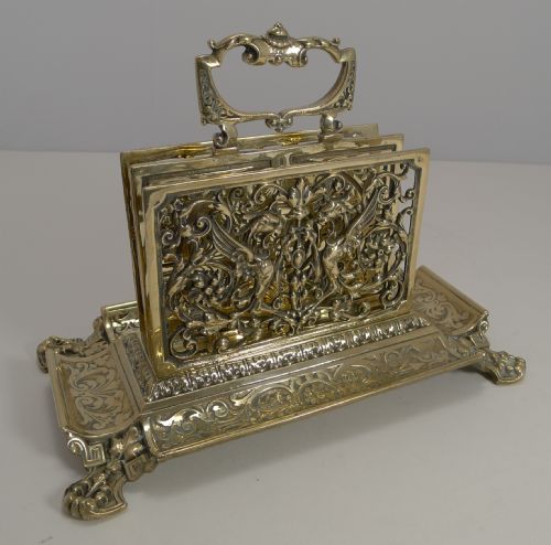 Grand Antique English Brass Stationery Rack / Letter Holder C.1890