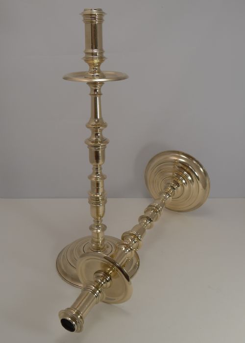 Towering Pair Antique English Brass Candlesticks C.1850 - 22"