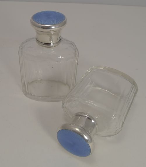 Quality Pair Vintage Sterling Silver and Guilloche Enamel Cologne / Scent Bottles