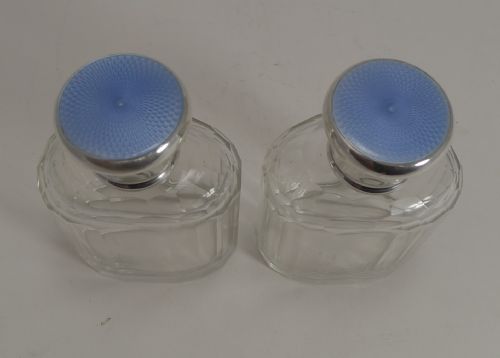 fig 1. Quality Pair Vintage Sterling Silver and Guilloche Enamel Cologne / Scent Bottles