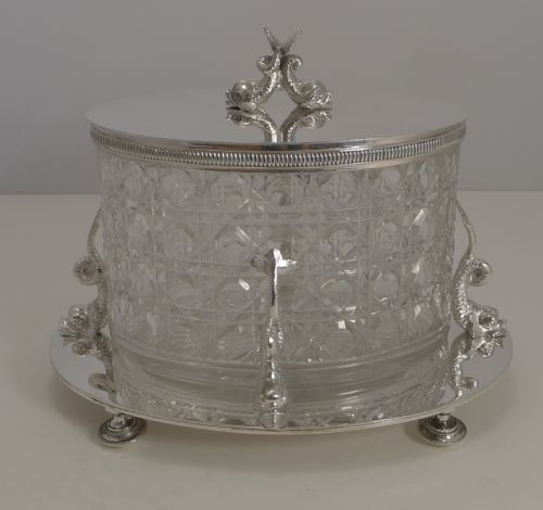 Top Quality Antqiue English Cut Crystal and Silver Plated Biscuit Box C.1890 - Dolphins
