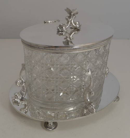 fig 1. Top Quality Antqiue English Cut Crystal and Silver Plated Biscuit Box c.1890 - Dolphins