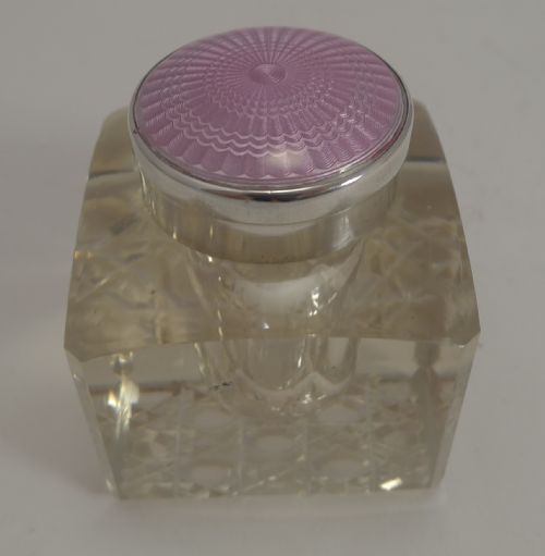English Sterling Silver & Pink Guilloche Enamel Lidded Inkwell - 1920