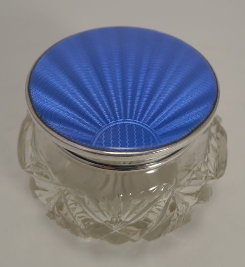 Stunning Art Deco Cut Crystal and Guilloche Enamel Powder Box / Bowl