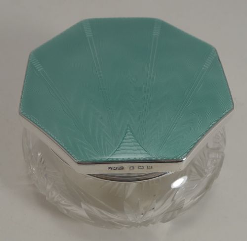 fig 1. Fabulous Art Deco Sterling Silver and Guilloche Enamel Lidded Powder Box