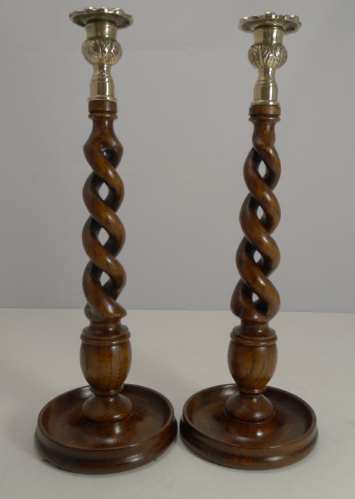 Towering Pair 14 1/2" Solid Oak Open Barley Twist Candlesticks - Brass Tops