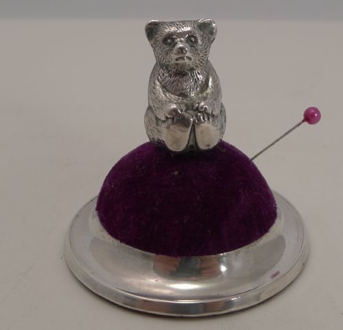 Antique Figural Sterling Silver Pin Cushion - Teddy Bear