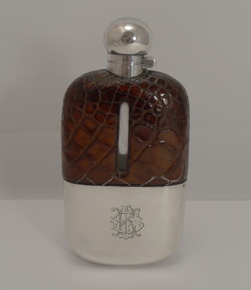 Large Antique Alligator / Crocodile & Silver Plated Hip Flask C.1900
