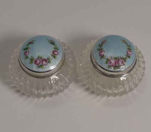 Beautiful Pair Antique Sterling Silver and Enamel Lidded Small Pots C.1910