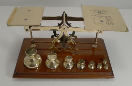 Large Antique English Mahogany and Brass Postal Scales Fabulous Waisted Dump Weights C.1900
