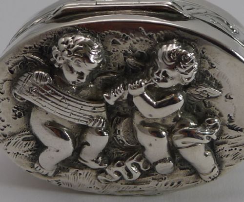 Adorable Antique Sterling Silver Pill Box - Musical Cherubs - 1904