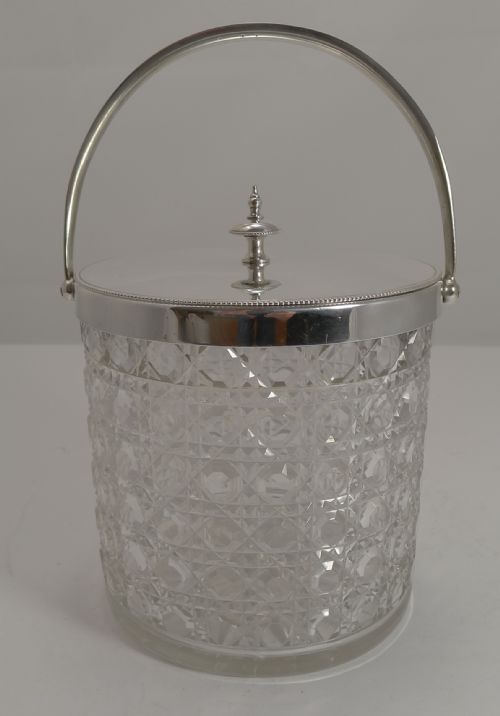Top Quality Antique English Cut Crystal and Silver Plate Biscuit Box C.1900