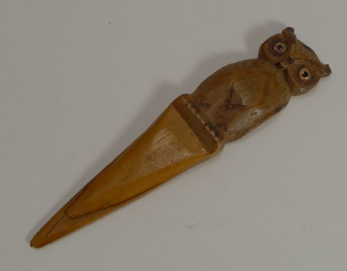 Antique Carved Black Forest Figural Bookmark - Owl with Glass Eyes