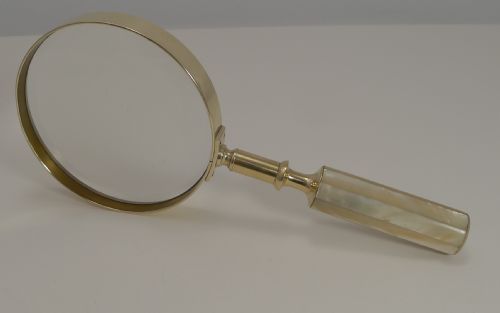 Large Antique English Brass and Mother of Pearl Magnifying Glass