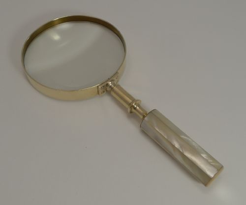 fig 1. Large Antique English Brass and Mother of Pearl Magnifying Glass