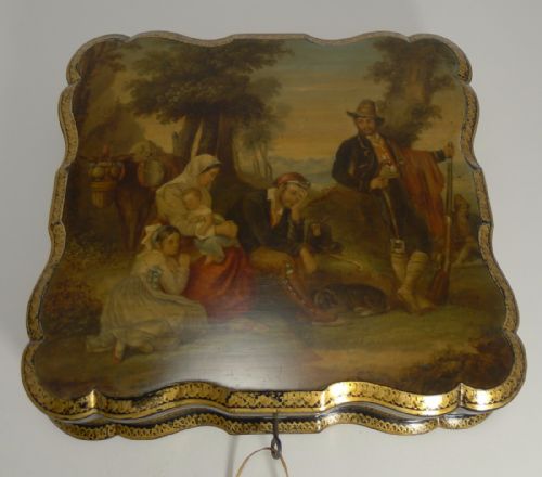 Museum Quality Antique English Hand Painted Papier Mache Card / Games Box C.1850