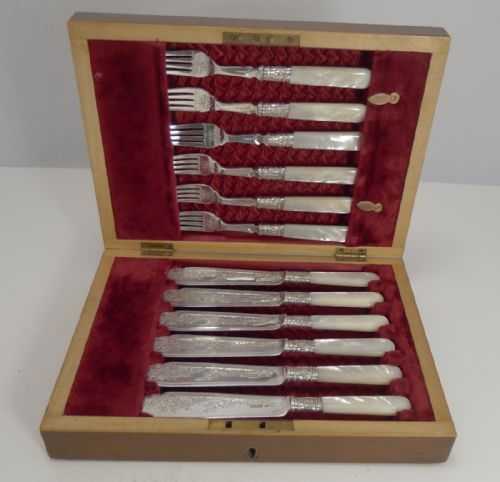 Set Antique English Sterling Silver and Mother of Pearl Fish Knives and Forks