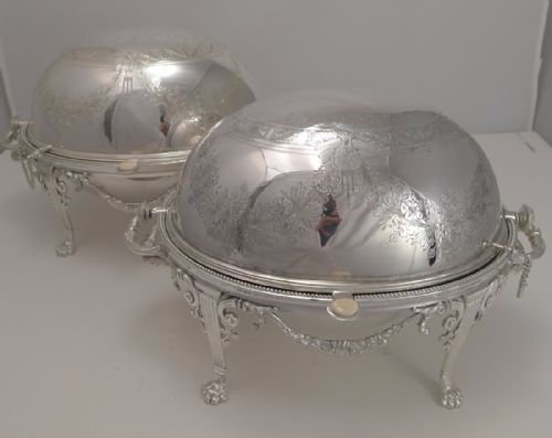 An Exceptional Pair of Victorian English Revolving Breakfast Dishes by Atkin Brothers C.1880