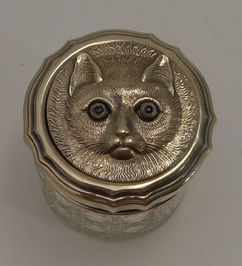 Antique English Glass Jar - Cast Brass Cat with Glass Eyes C.1900