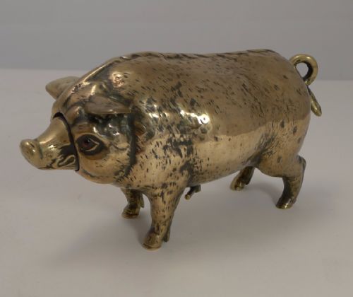 Rare Antique Cast Brass / Polished Bronze Novelty Mechanical Desk Bell - Pig C.1890