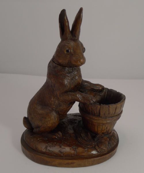 Rare and Adorable Carved Black Forest Figural Inkwell - Rabbit or Hare C.1900
