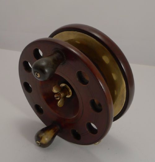 Large 6" Antique English Mahogany and Brass Star-back Fishing Reel C.1910