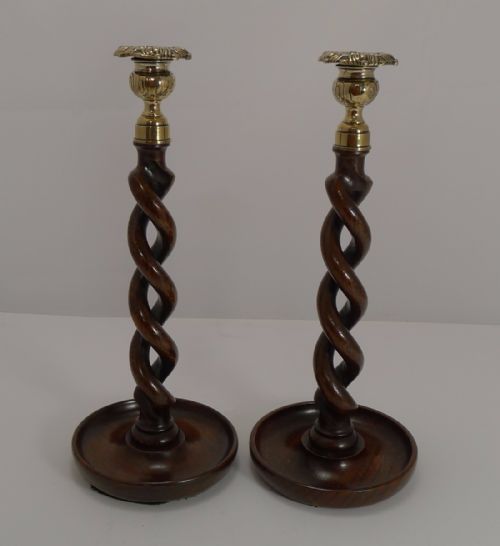 Towering Antique English Oak & Brass Barley Twist Candlesticks C.1900 - 13"
