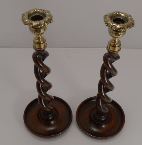 fig 1. Towering Antique English Oak & Brass Barley Twist Candlesticks c.1900 - 13