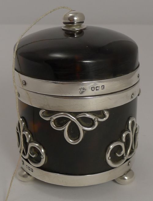 STUNNING ANTIQUE ENGLISH TORTOISE SHELL AND STERLING SILVER STRING OR TWINE BOX