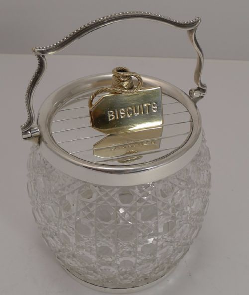 Antique English Cut Crystal and Silver / Gold Plated Biscuit Box / Barrel C.1890