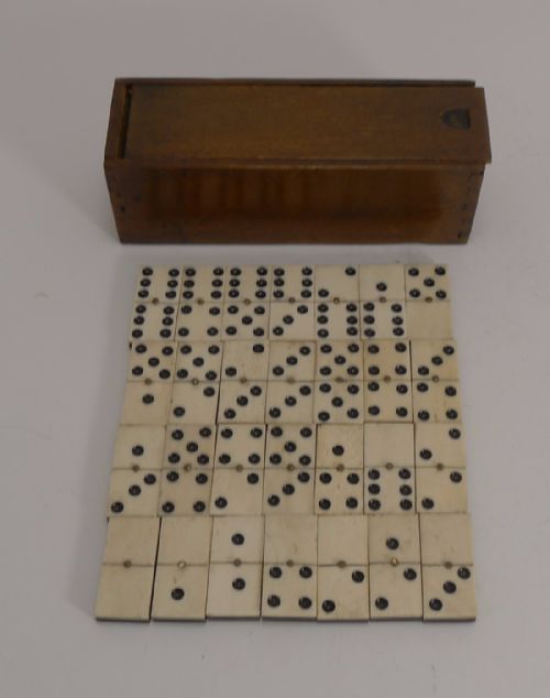 Antique English Boxed Set Bone & Ebony Wood Dominoes C.1890